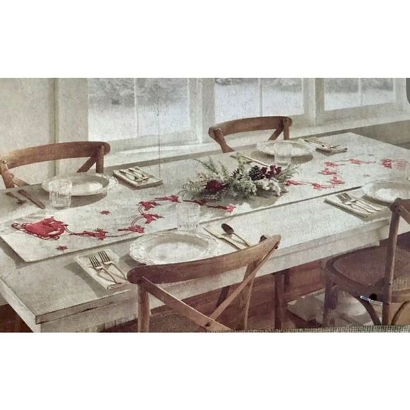 Aspen 14x72 Christmas Table Runner Red Reindeer Santa Sleigh Linen Blend - Picture 2 of 11
